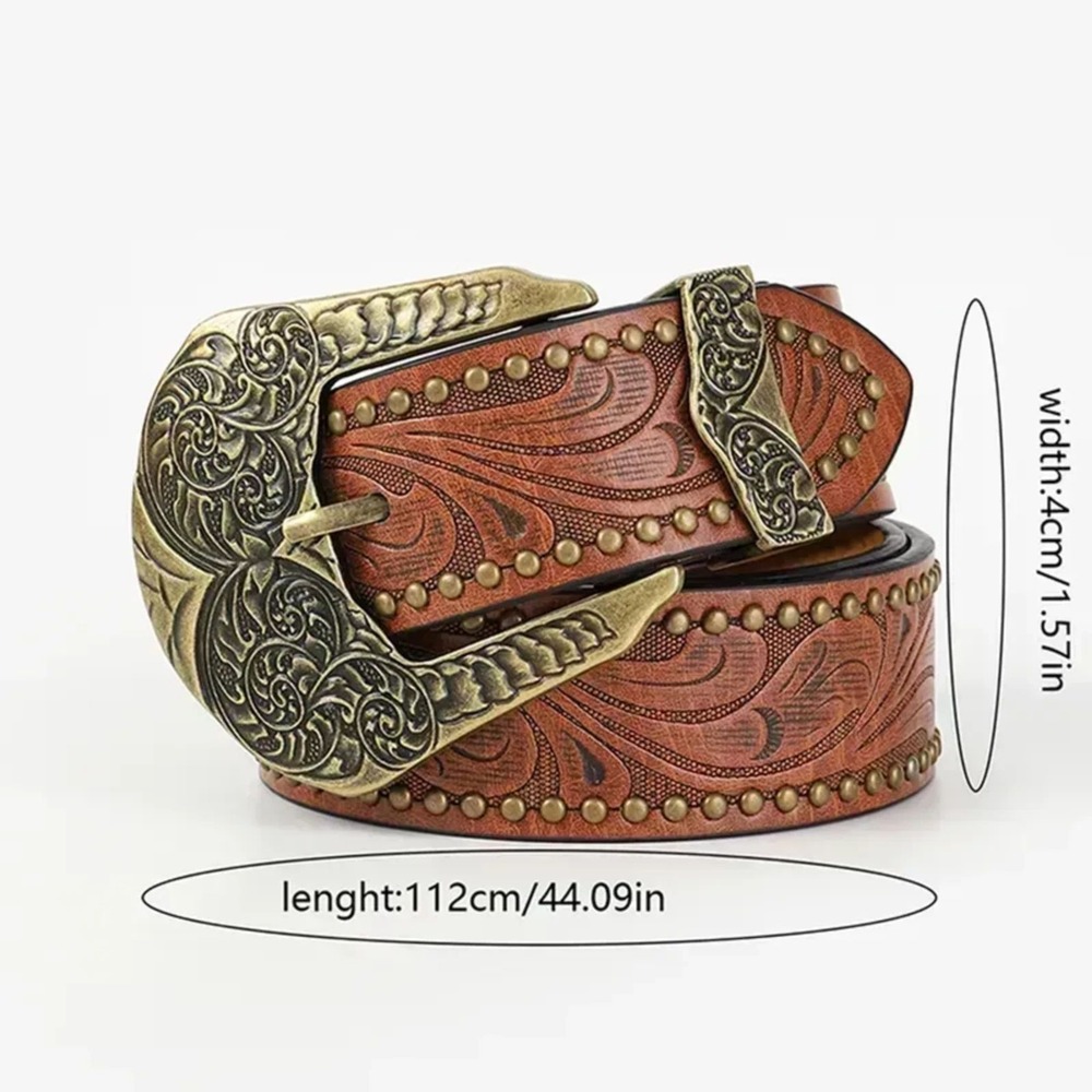 Womens Cowgirl Western PU Leather Belt Floral Embossed Brass Buckle 44" Cognac